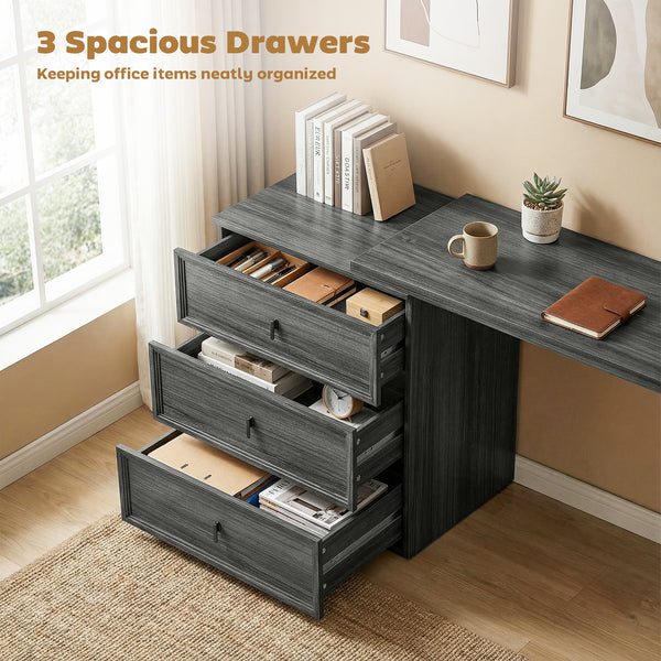 L Shaped Computer Desk Home Office Desk with 3 Drawers Black Wood Grain