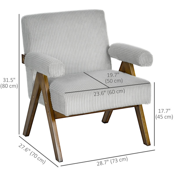 Fauteuil d'appoint en velours côtelé avec assise large et accoudoirs rembourrés, gris clair