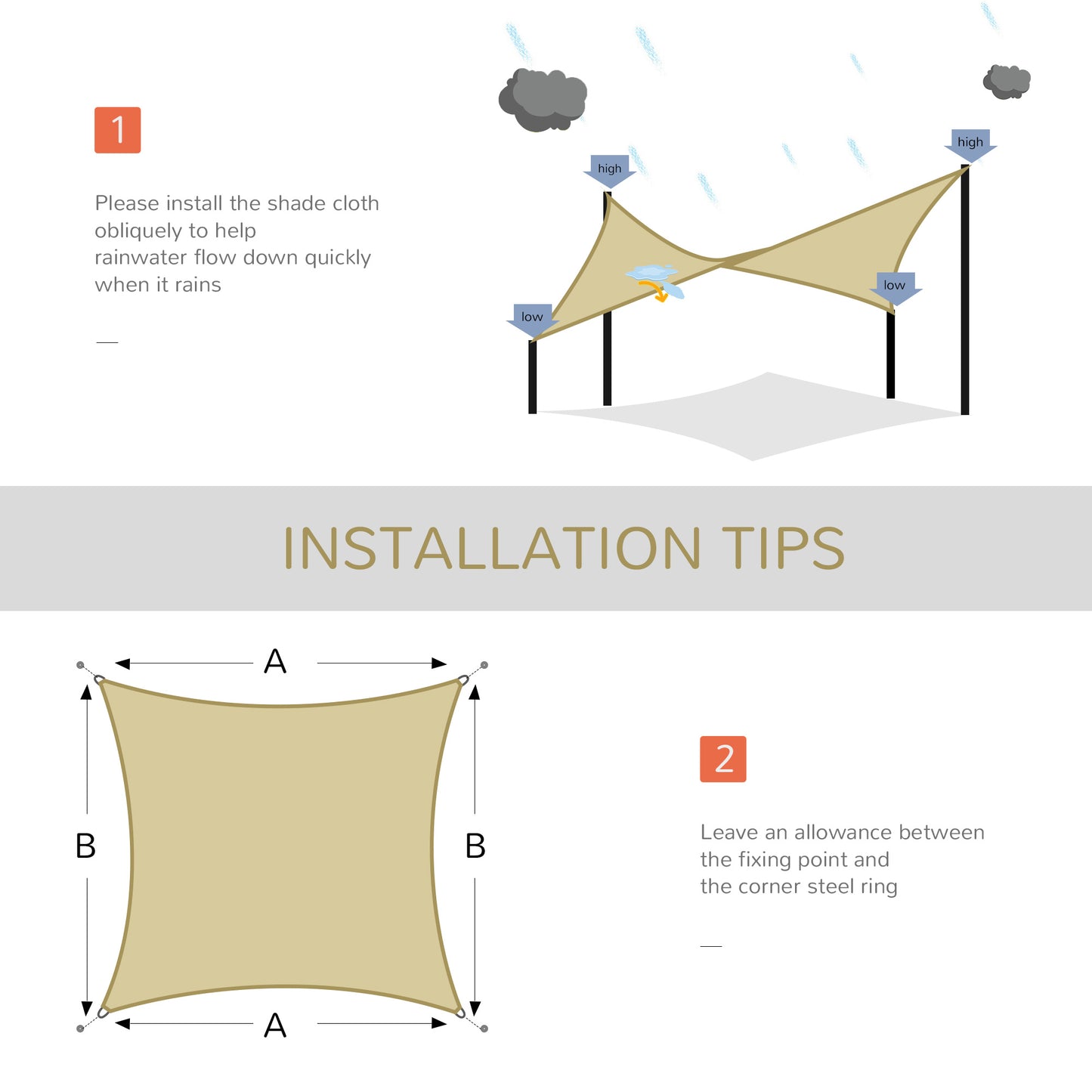 Outdoor Rectangular Shade Sail - 12' x 12' with Bag, Sand