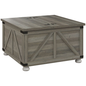 Table basse de style farmhouse avec couvercles rabattables, gris vieilli