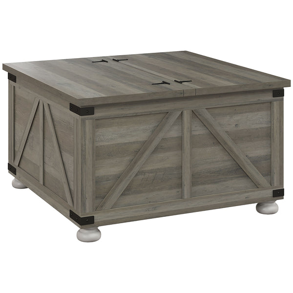 Table basse de style farmhouse avec couvercles rabattables, gris vieilli