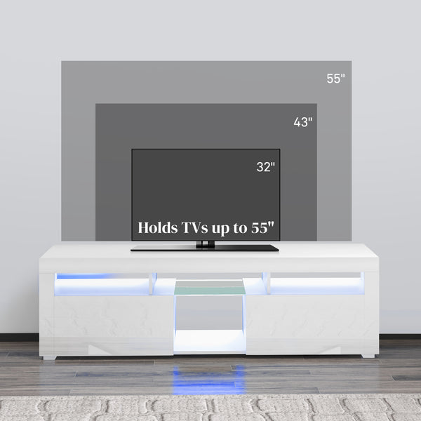 Meuble avec rangement et éclairage LED pour téléviseurs jusqu'à 55 pouces, blanc brillant
