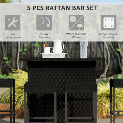 Outsunny 5 Pieces Patio Bar Set, Outdoor PE Rattan Wicker High Top Outdoor Table and Chairs with Glass Top Bar Table and Shelves, 4 Bar Chairs, Black |