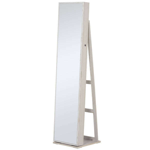 Armoire à bijoux avec miroir verrouillable avec éclairage LED, bois blanc