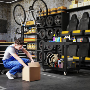 2-Tier Rolling Tool Cart, 500 lb Capacity, Plastic Utility Cart with Handle, Black