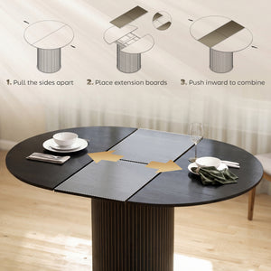 Table de cuisine extensible pour 6 à 8 personnes, style ferme, avec pied central et finition bois noir.