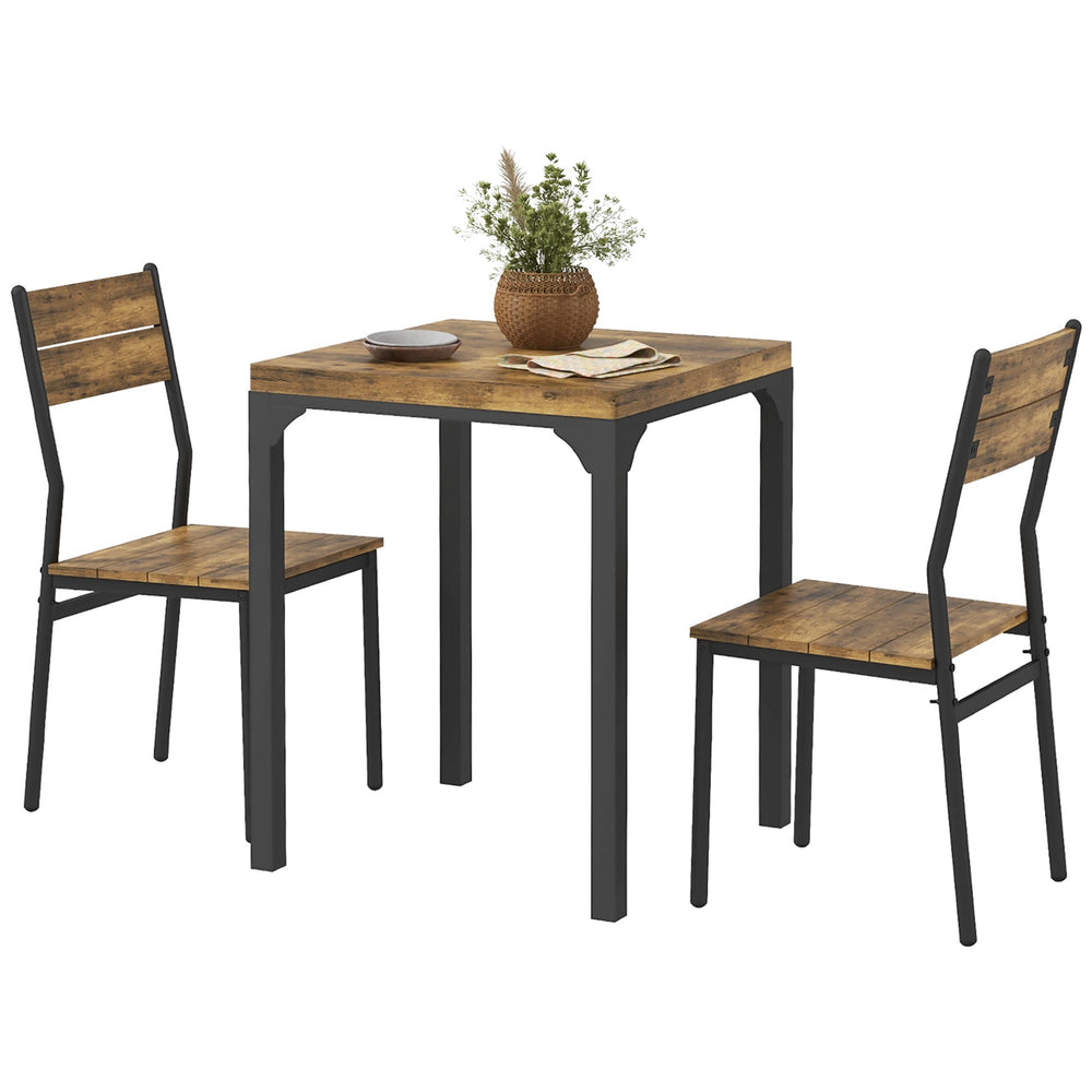 2-person table and chairs set, 3 pieces with metal legs, rustic brown color.