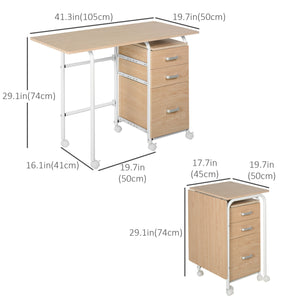 Bureau d'ordinateur pliable avec tiroirs et étagère de rangement, bois naturel