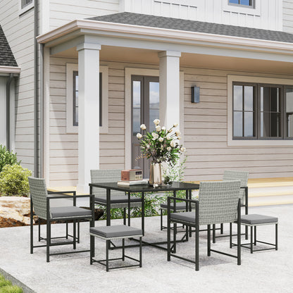 9-Piece Wicker Patio Dining Set with 4 Armchairs, 4 Stools, Tempered Glass Top, Removable Cushions, Light Gray