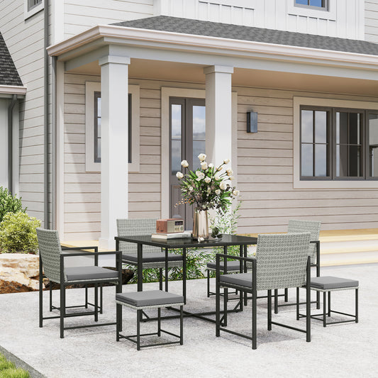 Ensemble de salle à manger de patio Outsunny 9 pièces en osier avec 4 fauteuils, 4 tabourets, plateau en verre trempé, coussins amovibles, gris clair