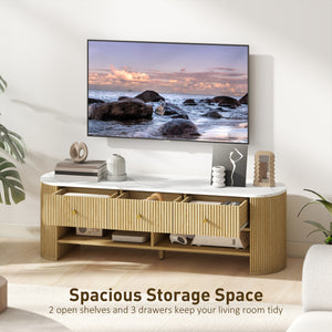 Meuble TV moderne avec plateau effet marbre, 3 tiroirs et 2 étagères ouvertes pour téléviseur de 32 à 65 pouces, naturel