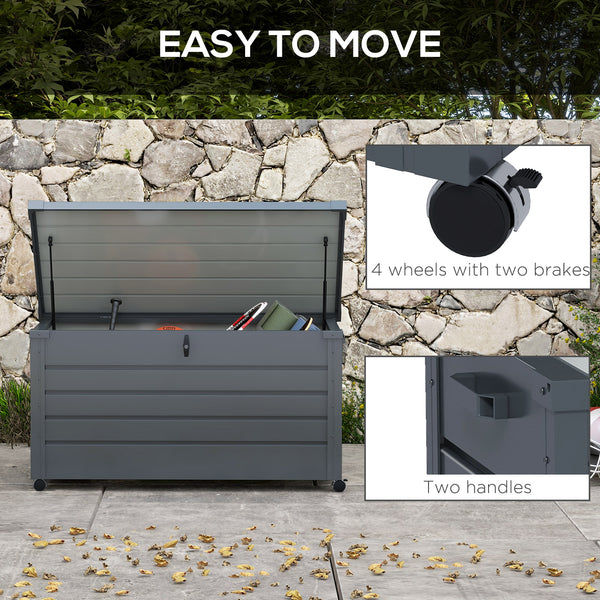 Waterproof garden storage box with wheels and handles, dark grey