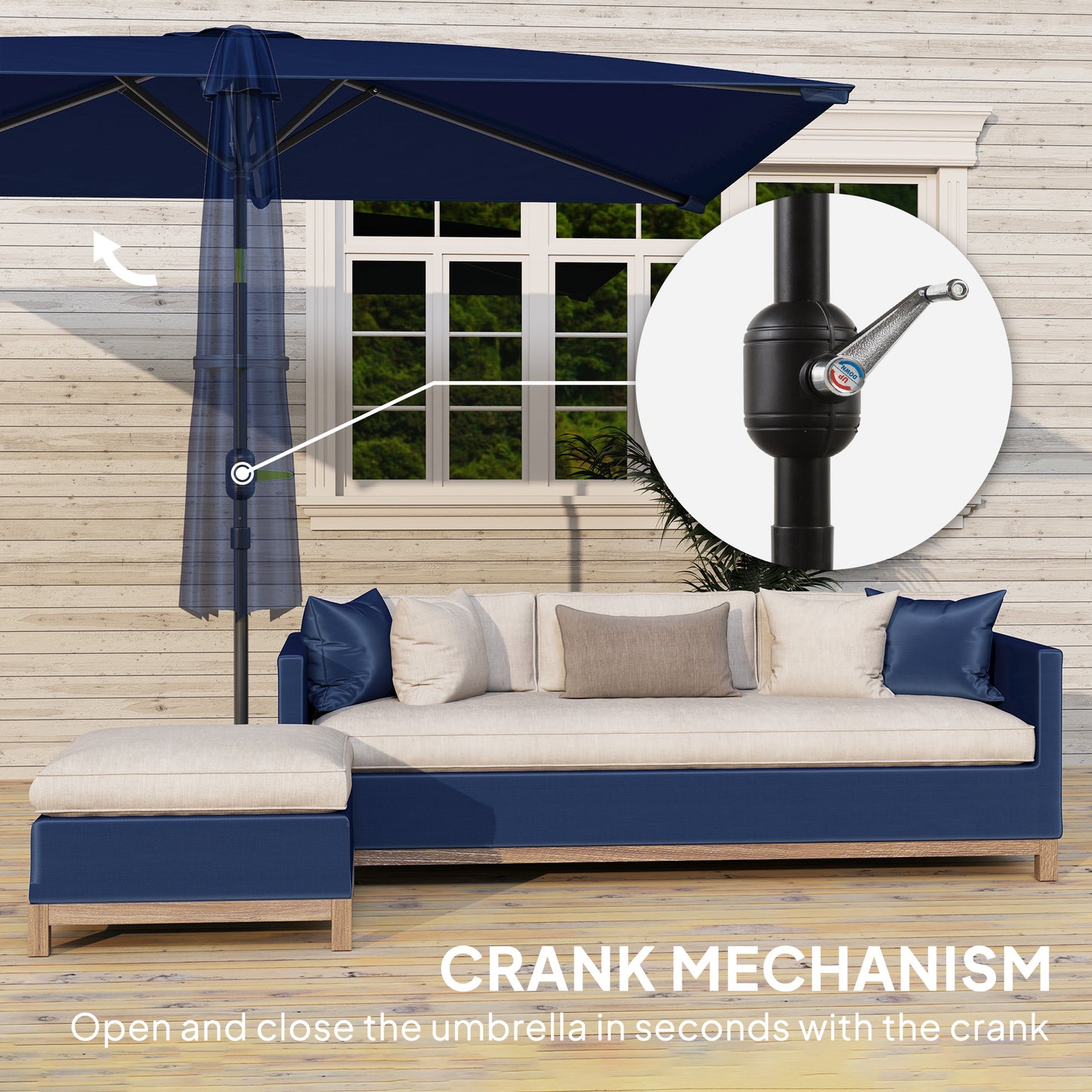 Parasol de jardin rectangulaire inclinable en aluminium 2 x 3m avec manivelle, bleu marine