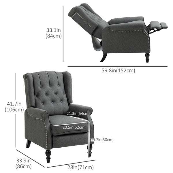 Recliner with ottoman, tufted and rolled arms, dark gray
