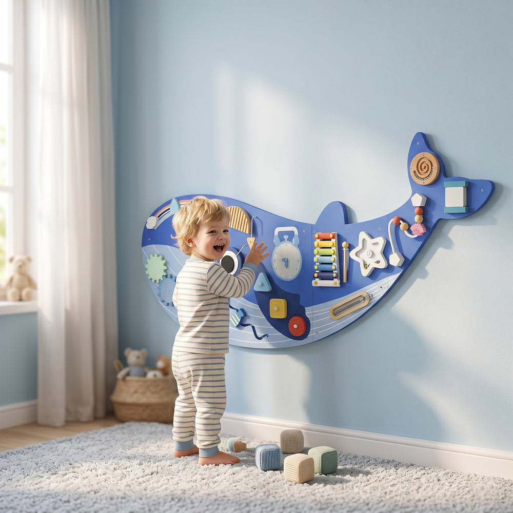 Panneau d’activités mural baleine 13 en 1, bleu