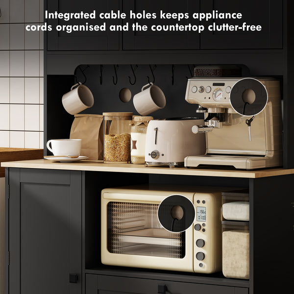 Meuble de cuisine avec 3 placards, 2 tiroirs, étagères réglables et support pour micro-ondes, noir.