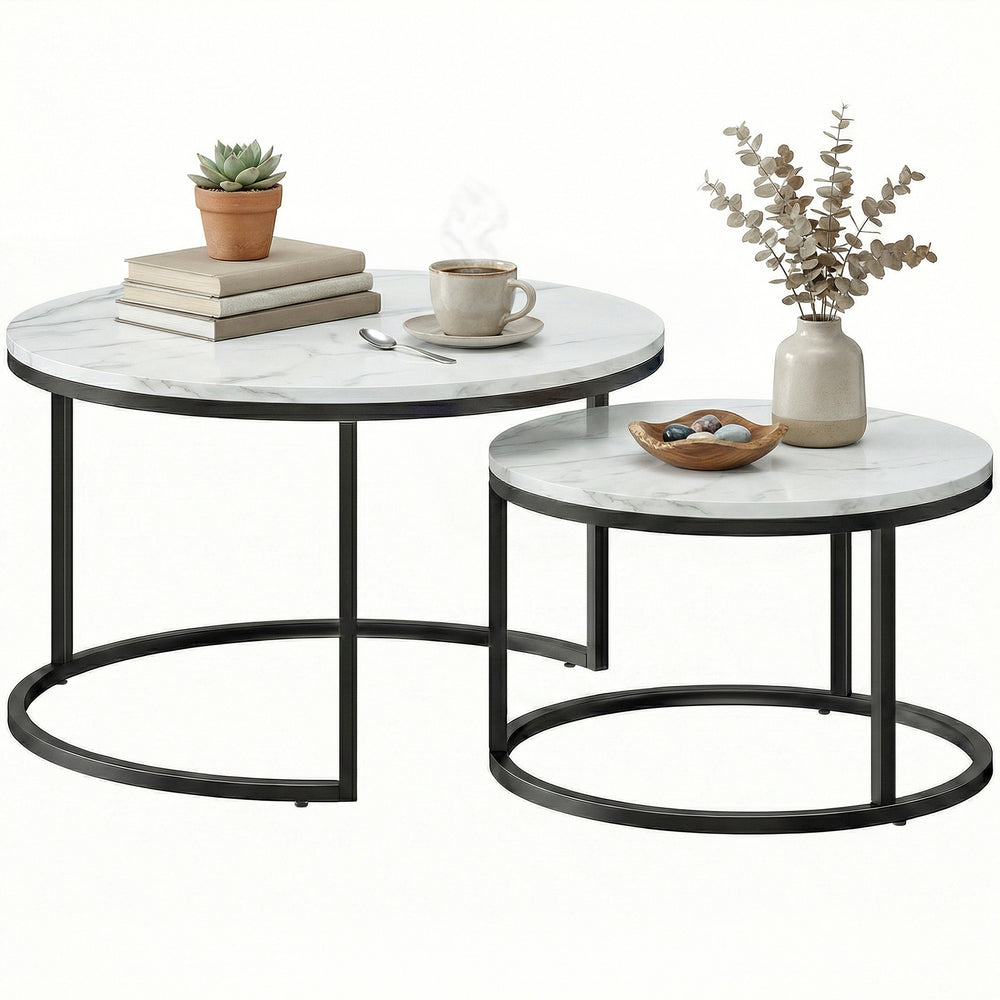Set of 2 nesting coffee tables with marble-effect tops – White marble