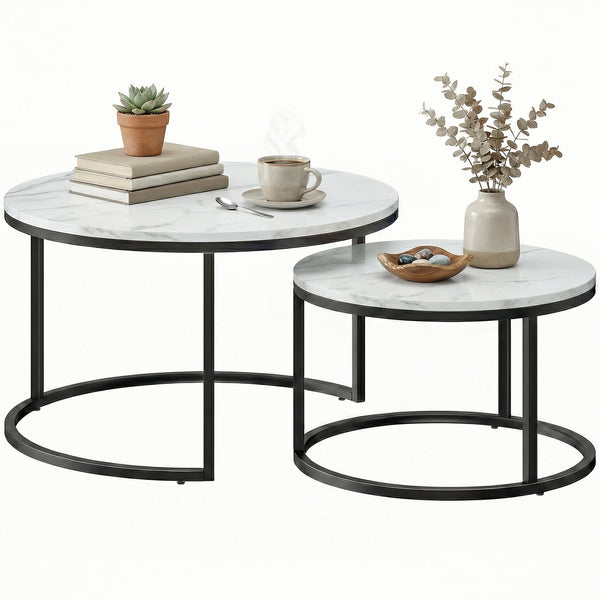 Ensemble de 2 tables basses gigognes avec plateaux effet marbre – Marbre blanc