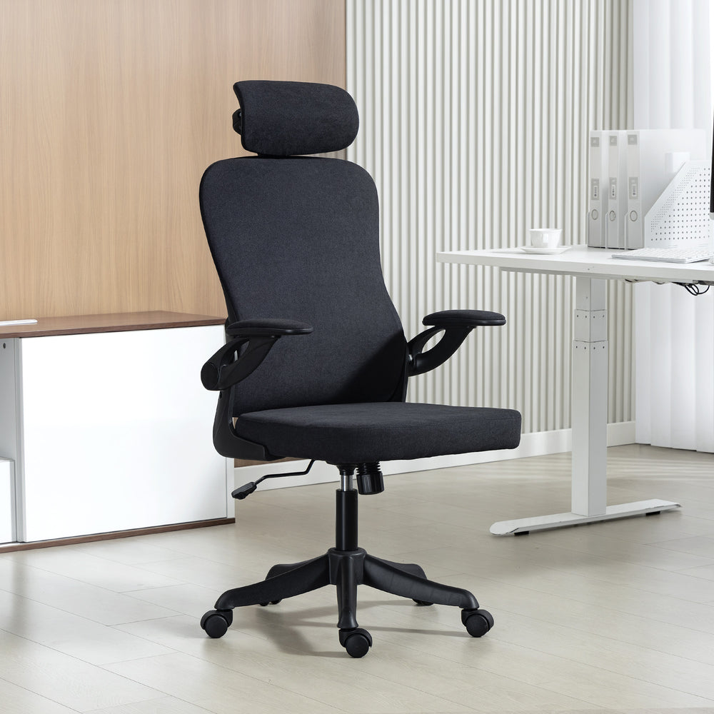 Chaise de bureau ergonomique pivotante avec soutien lombaire, appui-tête et hauteur réglables, accoudoirs relevables, noire