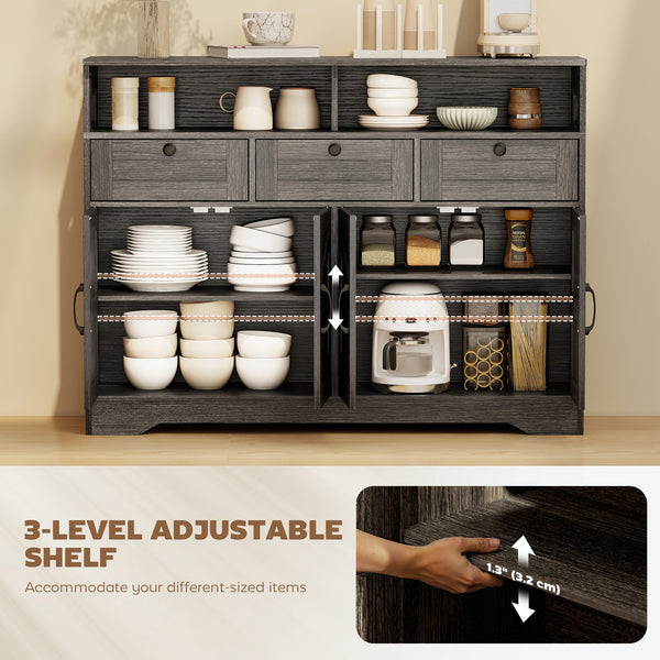 Buffet with 4 barn-style sliding doors with 3 drawers and adjustable shelves, dark brown