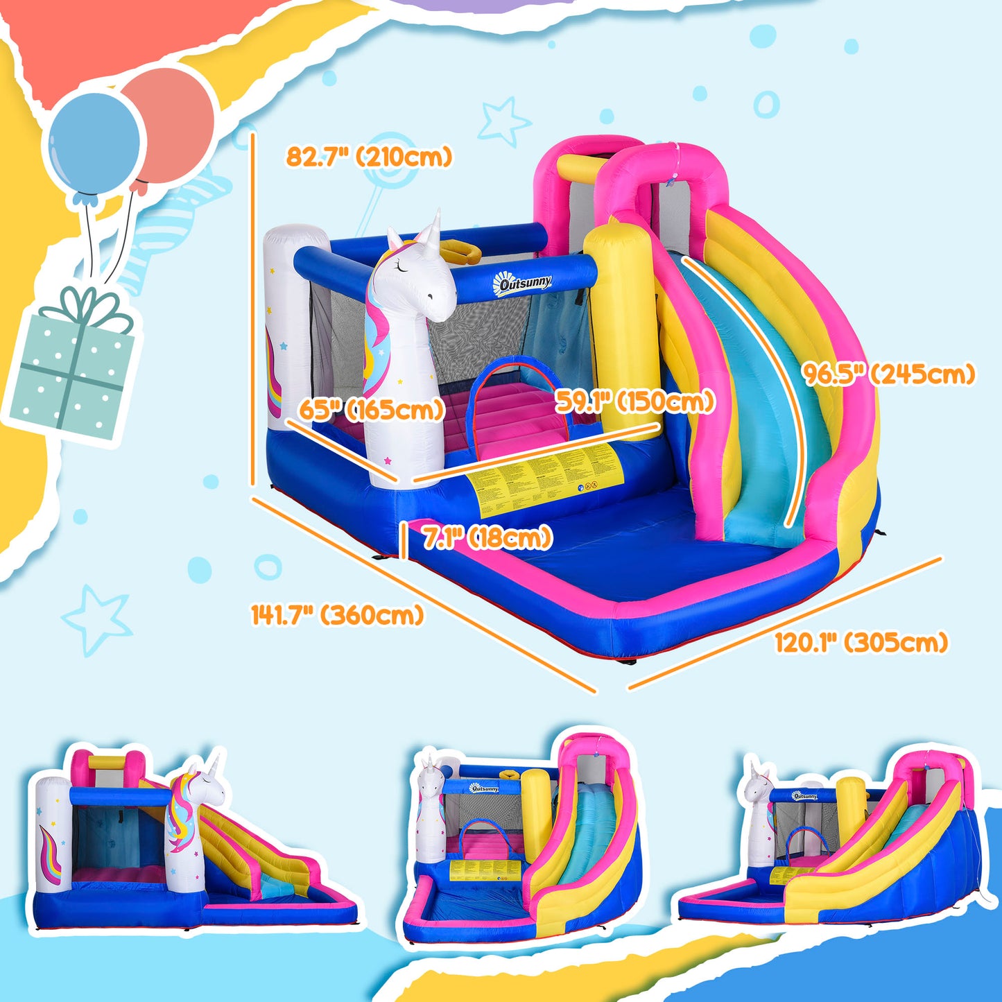 Outsunny Kids 5 in 1 Bouncy Castle, Trampoline, Slide, Pool, Climbing Wall with Inflator for Kids 3-12 Years Old, Summer, 37.5 x 21.6 x 20.5 cm, Multicolor