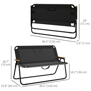 Folding 2-seater garden bench with armrests, black