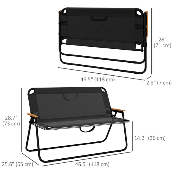 Folding 2-seater garden bench with armrests, black