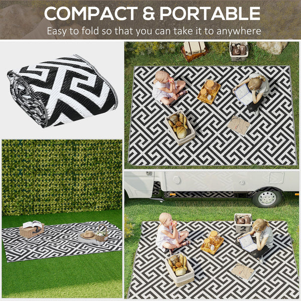 Tapis d'extérieur réversible pour patio, tapis en paille plastique 1,5 x 2,4 m pour jardin, terrasse, plage, camping, noir et blanc