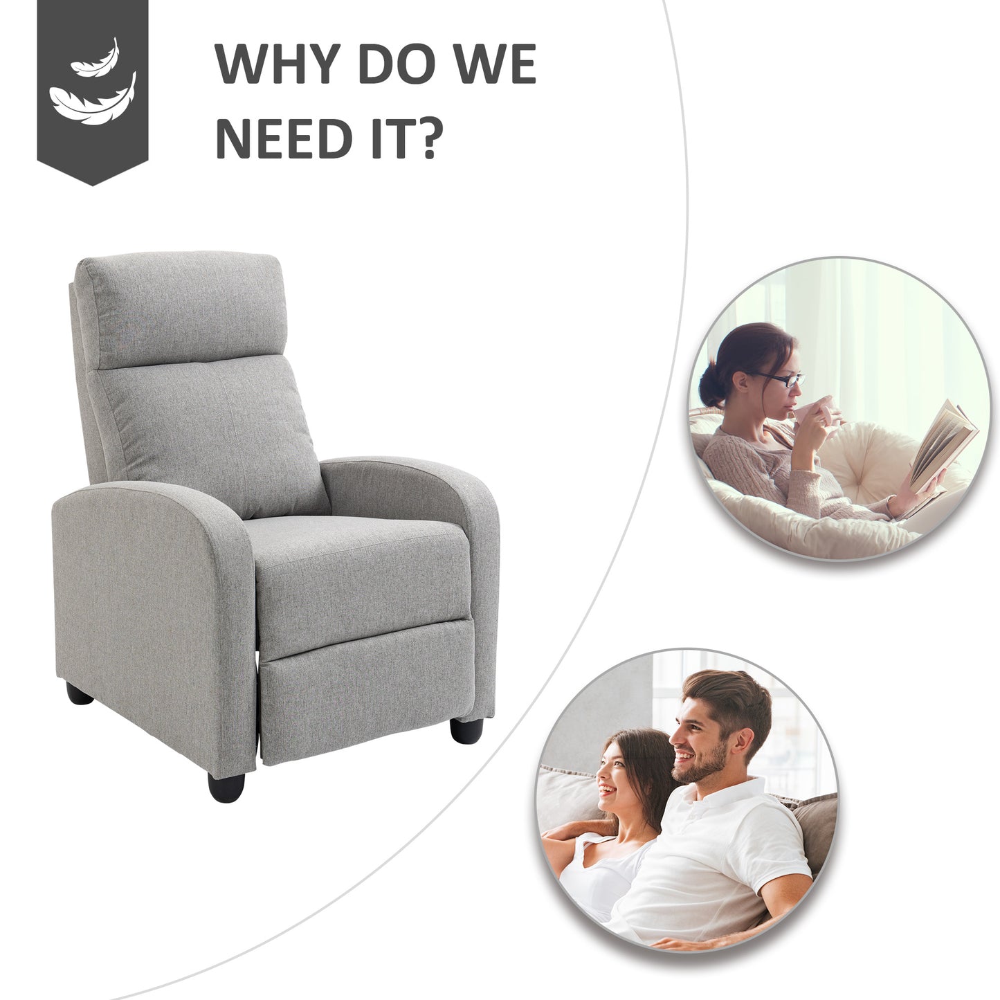 Fauteuil inclinable manuel en tissu pour home cinéma maison, gris clair