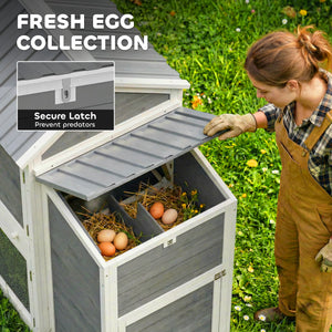 Large wooden chicken coop with run, nesting box, pull-out tray, waterproof roof, and access ramp.