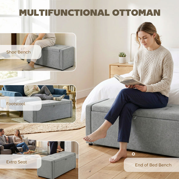 Banc-pouf de rangement, revêtement en tissu aspect lin, assise large rembourrée, gris clair