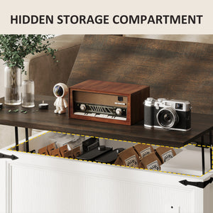 Table basse relevable avec station de recharge, style campagnard avec rangement dissimulé, aspect bois blanc.