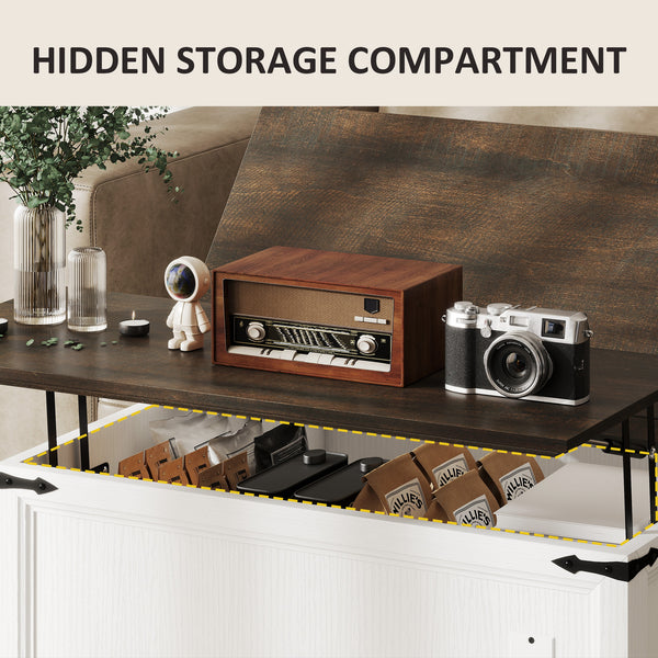 Table basse relevable avec station de recharge, style campagnard avec rangement dissimulé, aspect bois blanc.