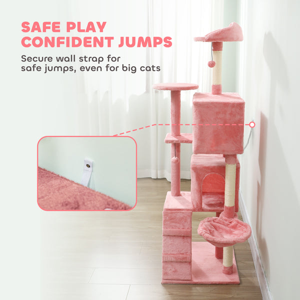 Arbre à chat de 160 cm avec griffoirs en sisal, cabanes, perchoirs en peluche, hamac, rose