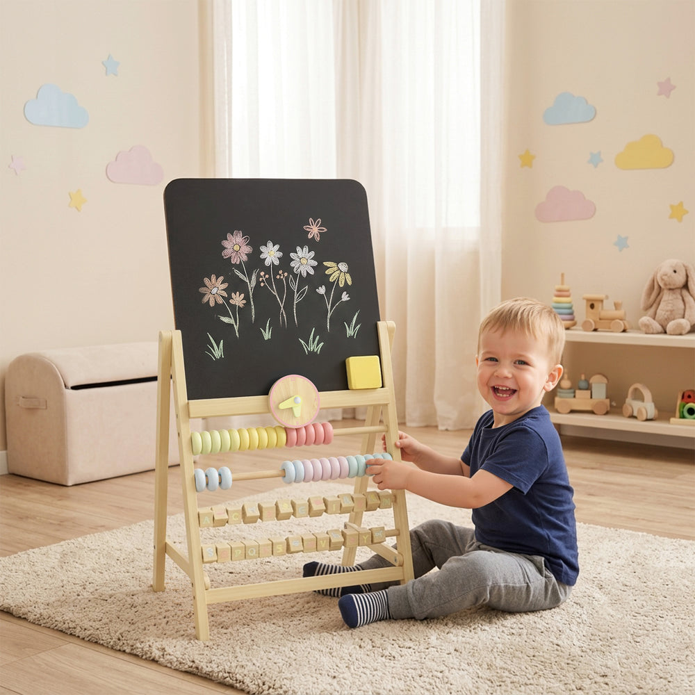 Chevalet enfant double face avec boulier et horloge, bois naturel