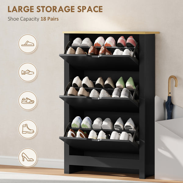 Shoe cabinet with 3 hinged drawers and adjustable shelves for 12 to 18 pairs of shoes, black
