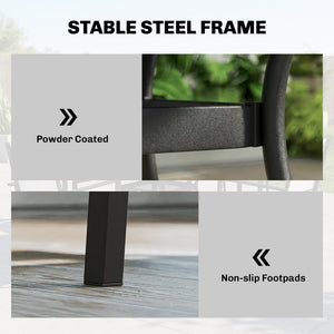 5-piece outdoor dining set, including a table and 4 stackable chairs with a parasol hole and shelf.