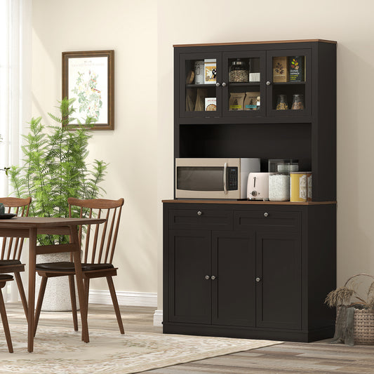 Armoire de rangement avec espace micro-ondes, buffet avec huche, 2 tiroirs, étagères réglables et portes vitrées, noir