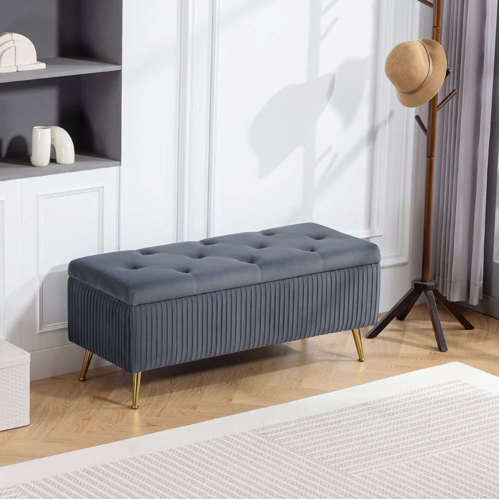 Banc coffre de rangement avec pieds en acier, assise rembourrée et repose-pieds, gris foncé