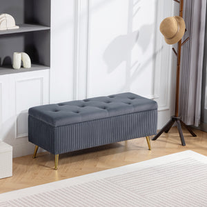 Banc coffre de rangement avec pieds en acier, assise rembourrée et repose-pieds, gris foncé
