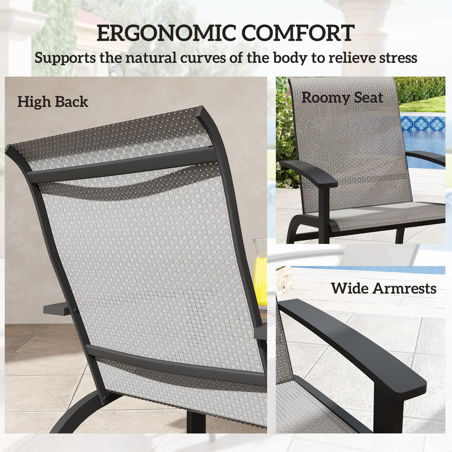 Chaise Adirondack d'extérieur Muskoka avec cadre en aluminium, assise en maille, dossier haut pour jardin et terrasse, gris foncé