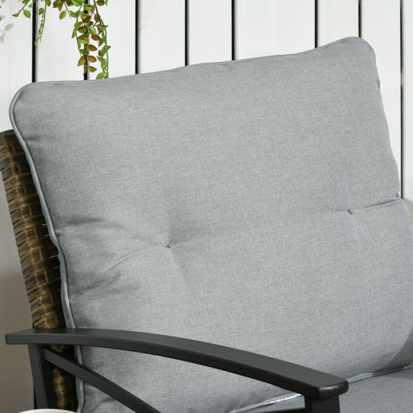 Ensemble de 3 chaises à bascule en rotin synthétique avec table à deux niveaux et coussins rembourrés, gris