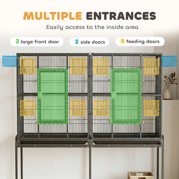 56"H Bird Cage, Parrot Cage with Detachable Rolling Stand, Removable Tray, Storage Shelf, Perches, Food Container