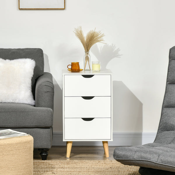 Table de chevet moderne à 3 tiroirs avec pieds en bois, blanc