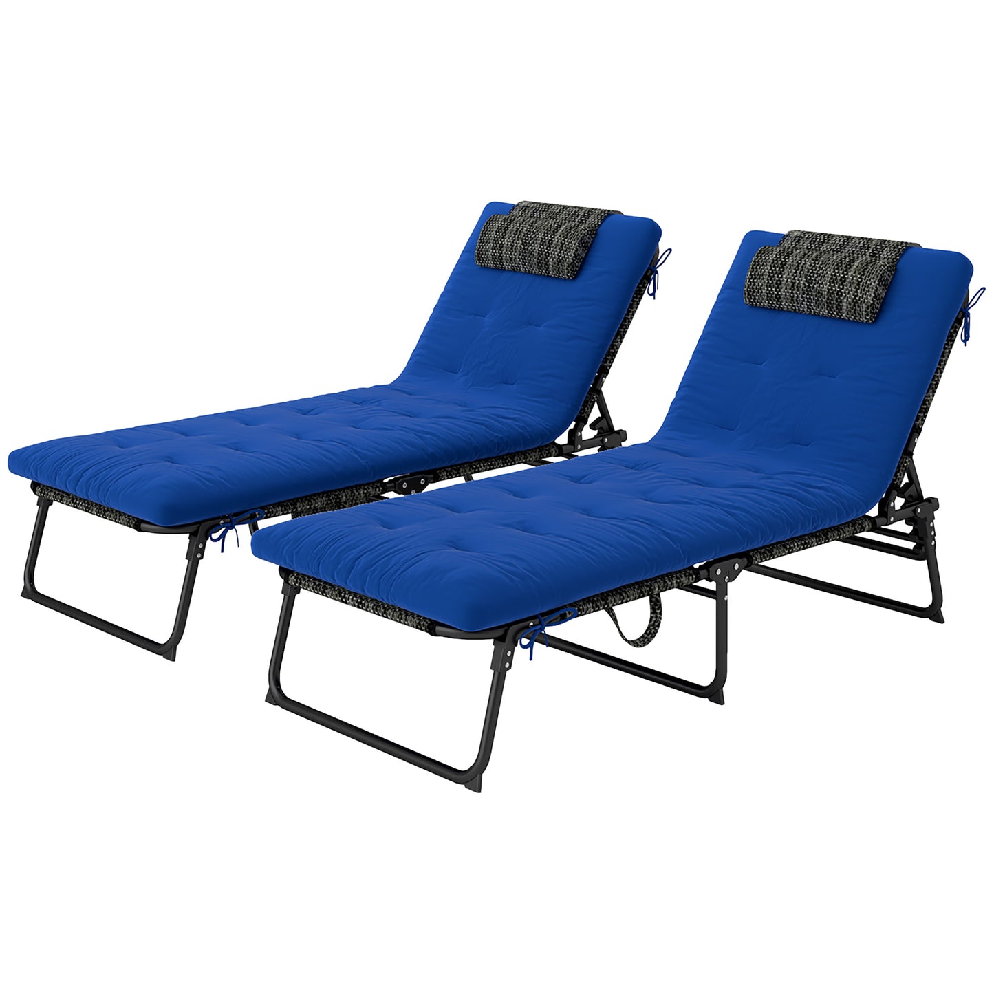 Lot de 2 chaises longues pliantes avec dossier inclinable à 4 niveaux, chaise longue d'extérieur avec coussin, tissu en maille respirante, poche latérale, appui-tête, bleu