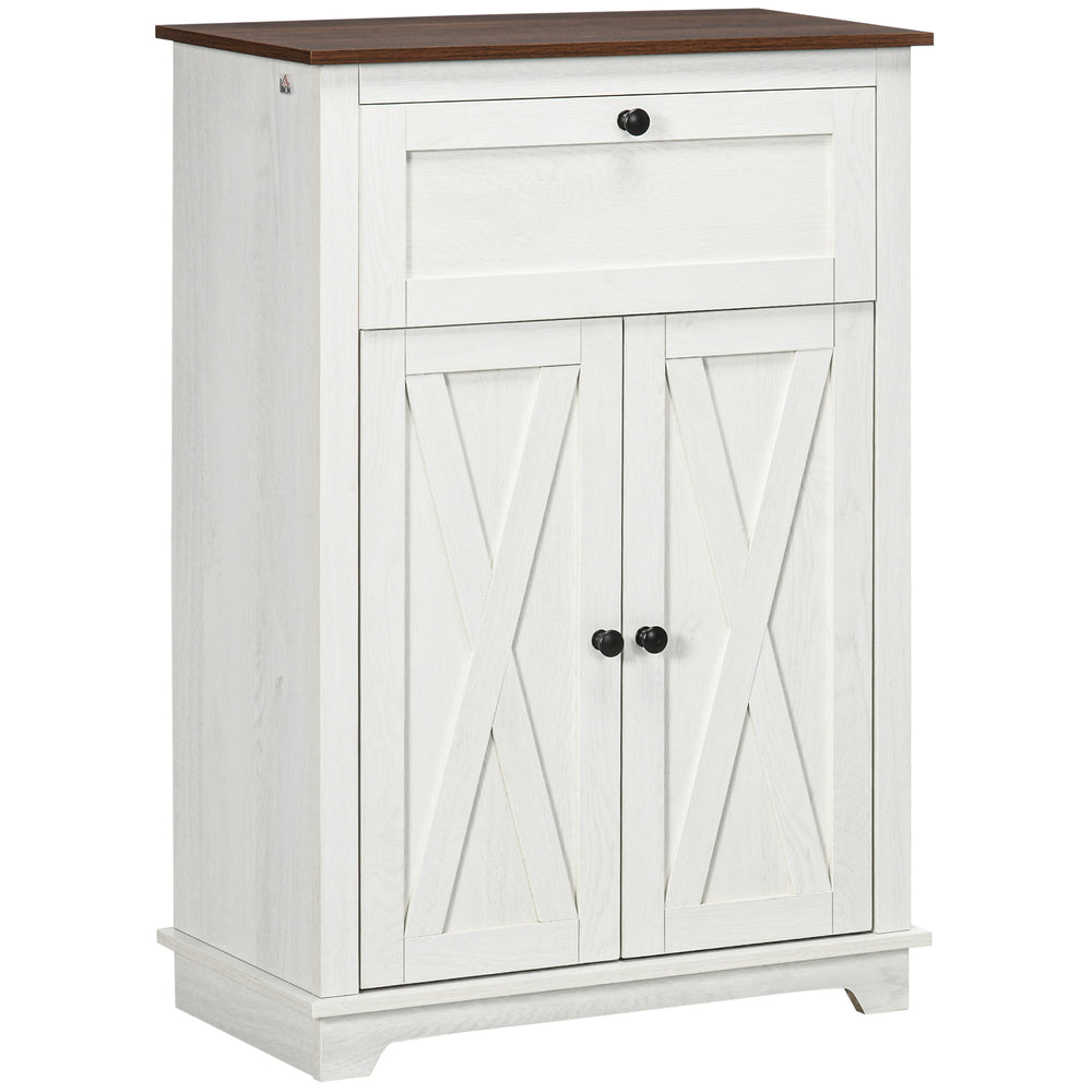 Buffet de style campagnard avec portes et tiroir, blanc.
