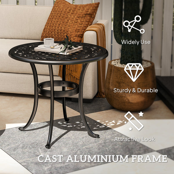 Ф23.6" Round Outdoor Side Table, Cast Aluminum Frame Patio Coffee Side Desk for Patio, Garden, Balcony, Black