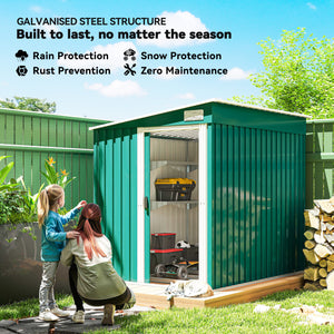 Lean-to garden shed in galvanized metal with foundation, sliding door and 2 vents, green