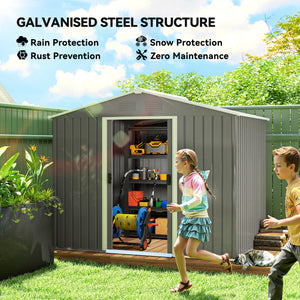 Metal garden shed with lockable sliding doors and ventilation, light grey