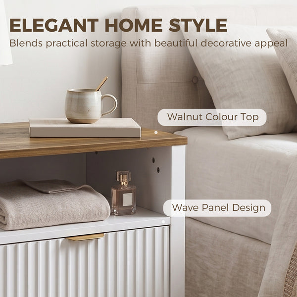 Modern Nightstand with 2 Fluted Drawers, Bedside Table with Open Storage Shelf, Anti-Tipping Design, White and Walnut